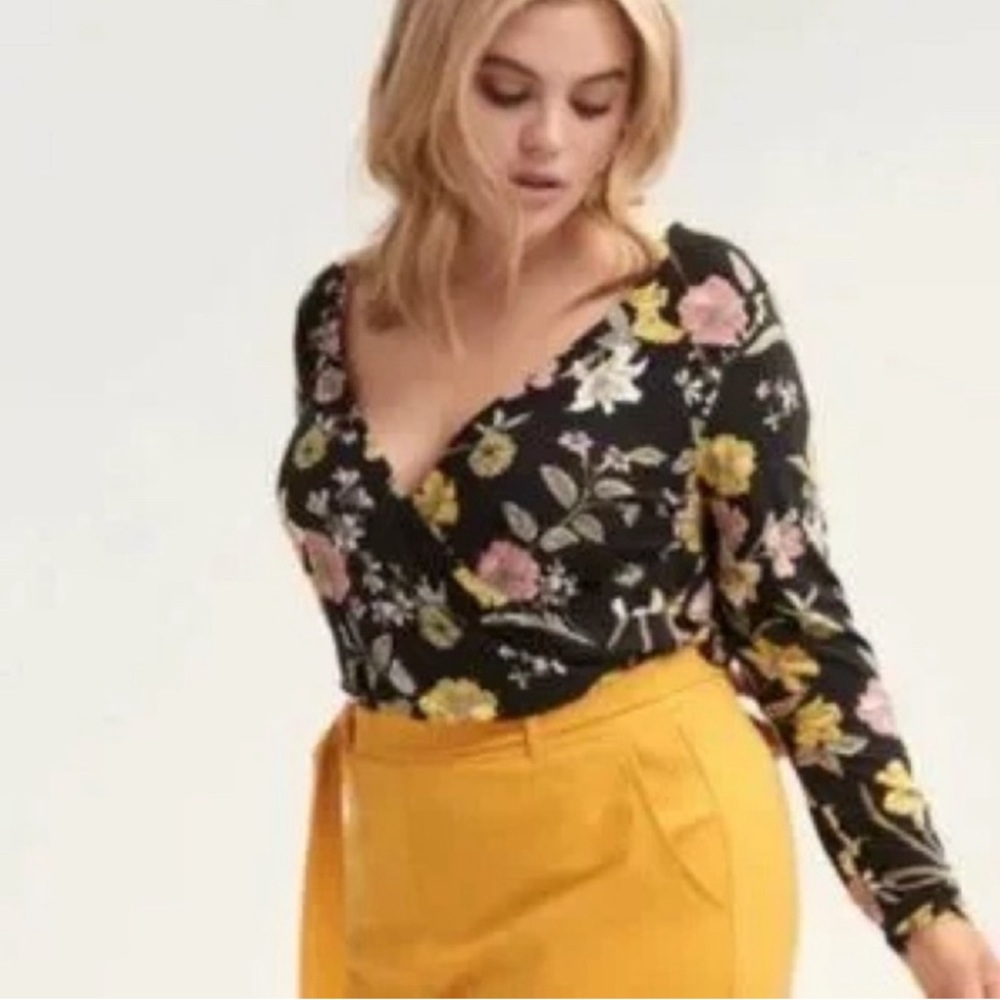 Floral Wrap Long-Sleeve Bodysuit - Black/Pink/Yellow